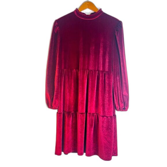 Ophelia Roe Red Velvet Velour Long Sleeve Aline Tiered Ruffle Dress Size Small - Picture 3 of 13